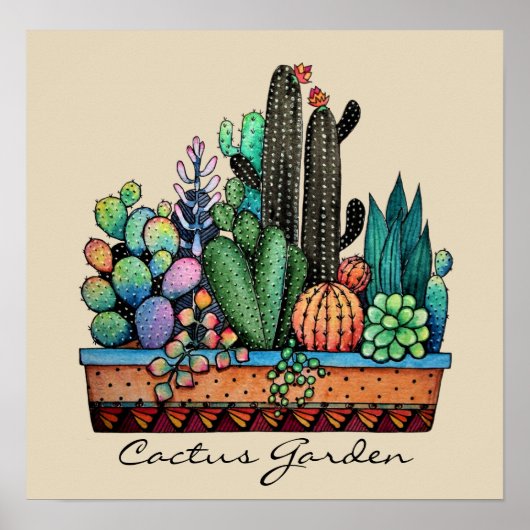 Waterverf cactus tuin in potten poster (Voorkant)