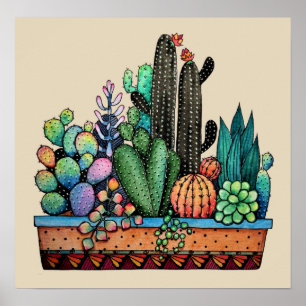 Waterverf cactus tuin in potten poster