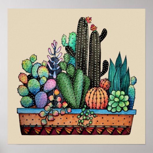 Waterverf cactus tuin in potten poster (Voorkant)