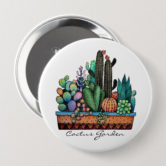 Waterverf cactus tuin in potten ronde button 4,0 cm (Voorkant /achterkant)