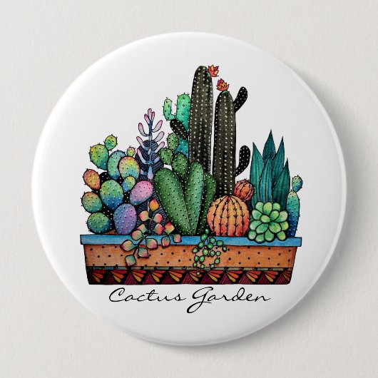 Waterverf cactus tuin in potten ronde button 4,0 cm (Voorkant)