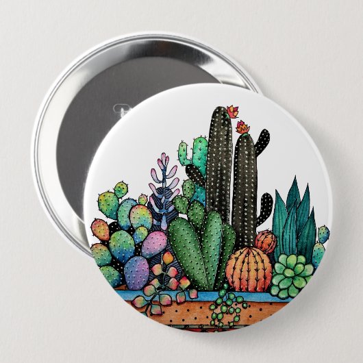 Waterverf cactus tuin in potten ronde button 4,0 cm (Voorkant /achterkant)