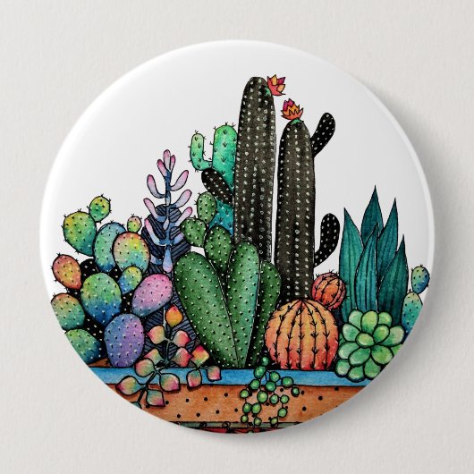 Waterverf cactus tuin in potten ronde button 4,0 cm (Voorkant)
