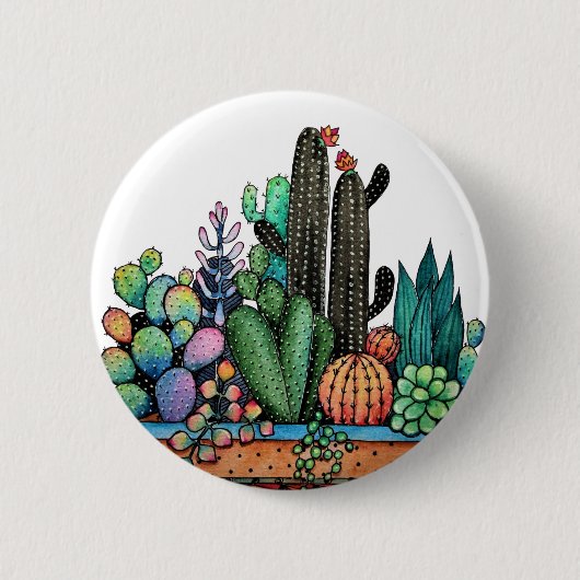 Waterverf cactus tuin in potten ronde button 5,7 cm (Voorkant)