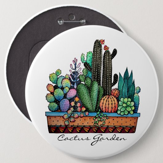 Waterverf cactus tuin in potten ronde button 6,0 cm (Voorkant /achterkant)