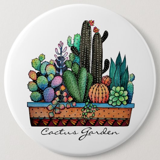 Waterverf cactus tuin in potten ronde button 6,0 cm (Voorkant)