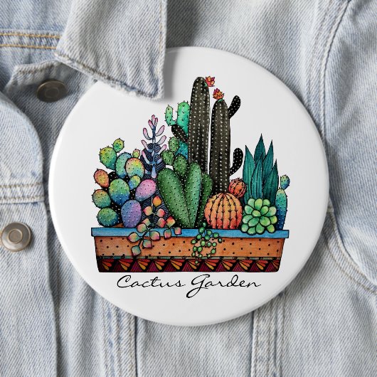 Waterverf cactus tuin in potten ronde button 6,0 cm (In situ)