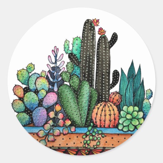 Waterverf cactus tuin in potten ronde sticker (Voorkant)