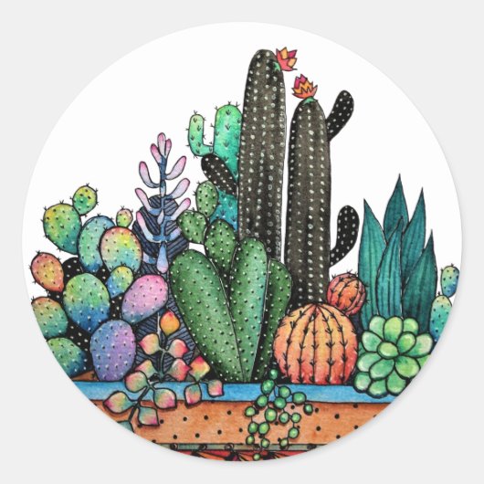 Waterverf cactus tuin in potten ronde sticker (Voorkant)
