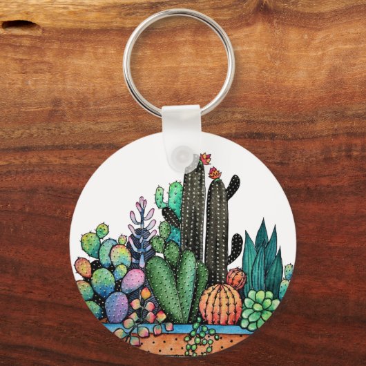 Waterverf cactus tuin in potten sleutelhanger (Voorkant)