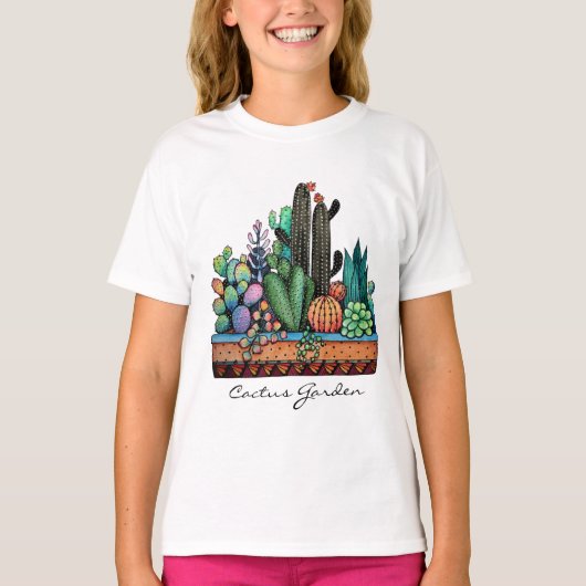 Waterverf cactus tuin in potten t-shirt (Voorkant)