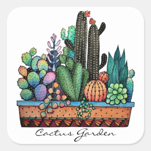 Waterverf cactus tuin in potten vierkante sticker (Voorkant)