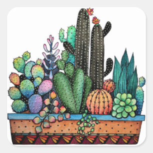 Waterverf cactus tuin in potten vierkante sticker