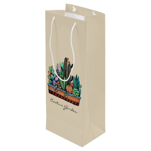 Waterverf cactus tuin in potten wijn cadeautas (Achterkant Gekanteld)