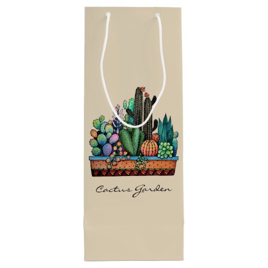 Waterverf cactus tuin in potten wijn cadeautas (Achterkant)