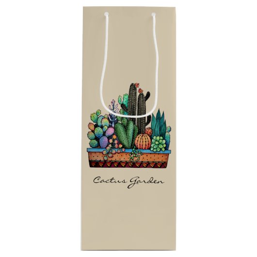 Waterverf cactus tuin in potten wijn cadeautas (Voorkant)