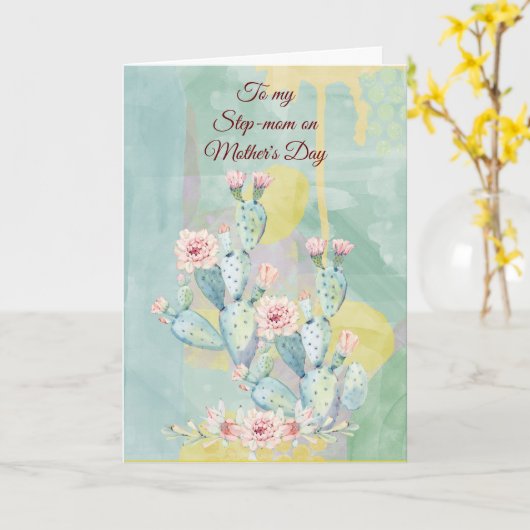 Waterverf Cactus voor Moederdag van de Stap-moeder Kaart (Gele Bloem)