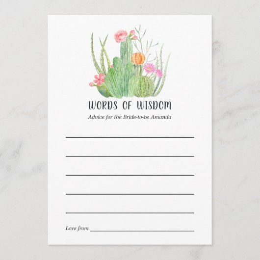 Waterverf Cactus Vrijgezellenfeest Words of Wisdom Advieskaart (Voorkant)