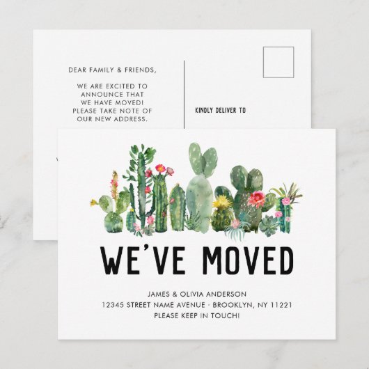Waterverf Cactus We hebben New Home Cute Moving Aankondigingskaart (Voorkant / Achterkant)