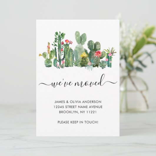 Waterverf Cactus We hebben New Home Moving Aankondiging (Staand voorkant)