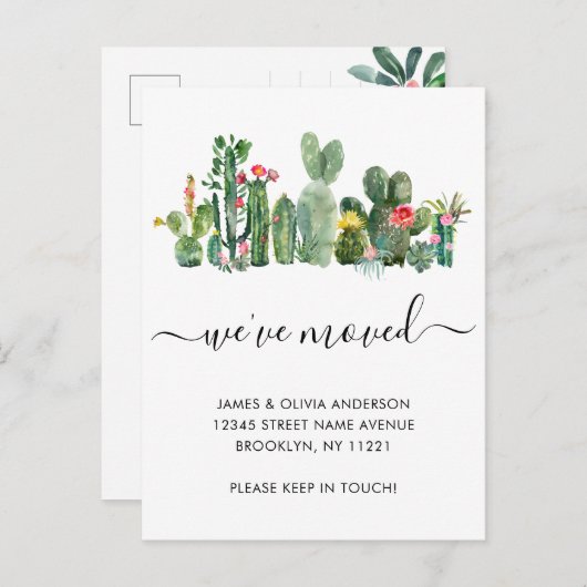 Waterverf Cactus We hebben New Home Moving Aankondigingskaart (Voorkant / Achterkant)