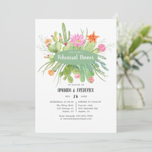 Waterverf Cactus Wedding Rehearsal Dinner Kaart (Staand voorkant)