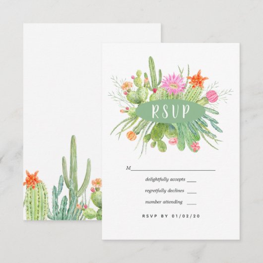 Waterverf Cactus Wedding RSVP Kaartje (Voorkant / Achterkant)