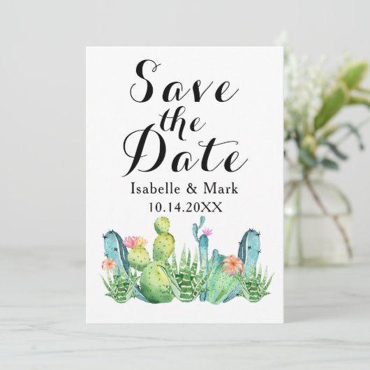 Waterverf Cactus Wedding Save the Date Card (Staand voorkant)