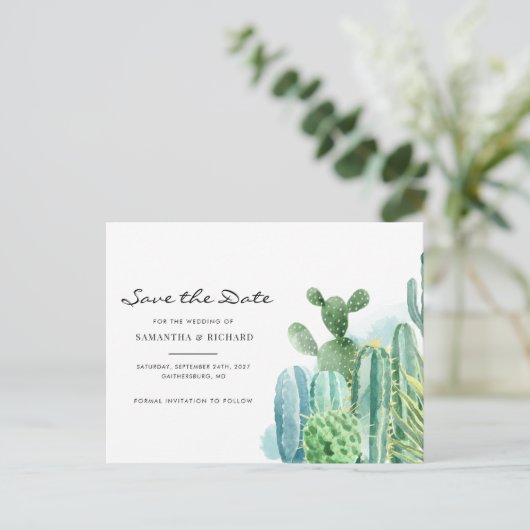 Waterverf Cactussen Botanische Bruiloft Save the D Aankondigingskaart (Staand voorkant)
