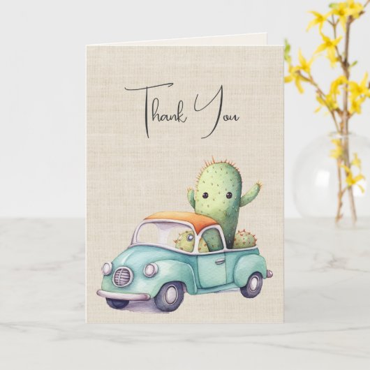 Waterverf cactussen in retro truck kaart (Gele Bloem)