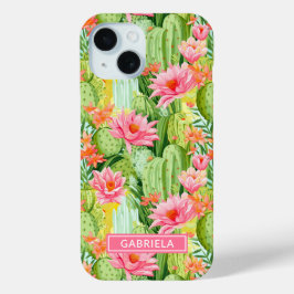 Waterverf Cactussen met Bloemen Gepersonaliseerd iPhone 15 Case