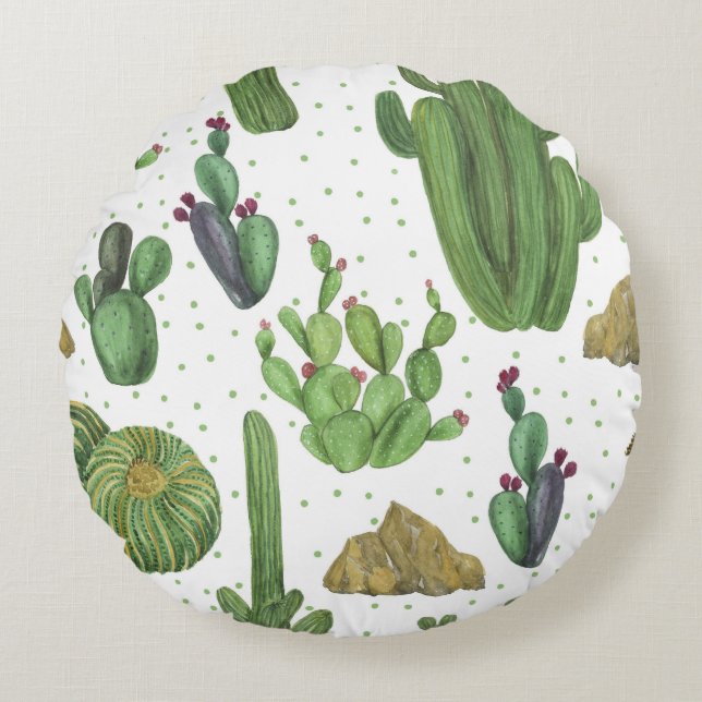 Waterverf cactussen, naadloos natuurlijk patroon. rond kussen (Voorkant)