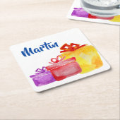 Waterverf cadeaus in geel, paars, rood, kartonnen onderzetters (Schuin)