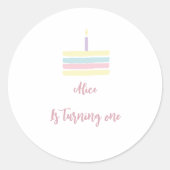 Waterverf cake roze geel 1e verjaardag ronde sticker (Voorkant)