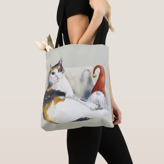 Waterverf Calico Cat Gnome & Tortoiseshel Tote Bag (Dichtbij)