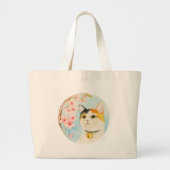 Waterverf Calico Cat Pink Flowers Grote Tote Bag (Voorkant)