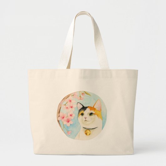 Waterverf Calico Cat Pink Flowers Grote Tote Bag (Voorkant)