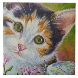 Waterverf Calico Kitten en Sulfur Butterfly Tegeltje
