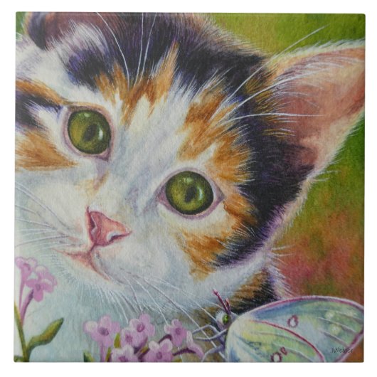 Waterverf Calico Kitten en Sulfur Butterfly Tegeltje (Voorkant)