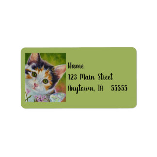 Waterverf Calico Kitten en Zwavelvaten Art L Etiket