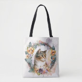  WATERVERF CALICO KITTEN MET FLORAL WREATS TOTE BAG (Voorkant)