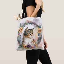 WATERVERF CALICO KITTEN MET FLORAL WREATS TOTE BAG