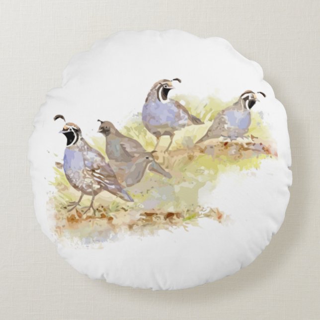 Waterverf California Quail Bird Natuur Art Rond Kussen (Voorkant)