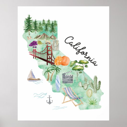 Waterverf California State Art Kaart Poster (Voorkant)