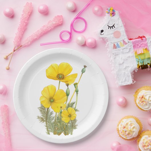 Waterverf Californië Poppy Yellow Flower Papieren Bordje (Feest)