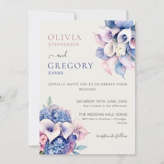 Waterverf Calla Lilies & Hydrangeas Foto Bruiloft Kaart (Voorkant)