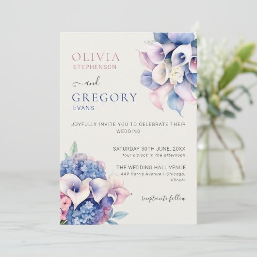 Waterverf Calla Lilies & Hydrangeas Foto Bruiloft Kaart (Staand voorkant)