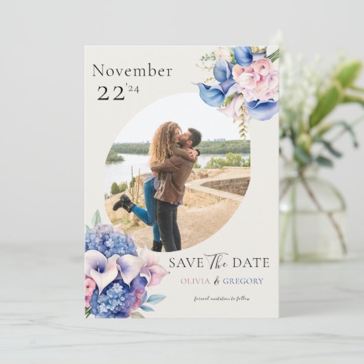 Waterverf Calla Lilies & Hydrangeas Foto Save The Date (Staand voorkant)