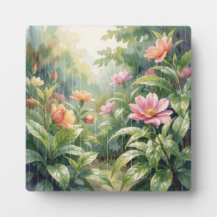 Waterverf Camellia Bloemen in een Regenachtige Tui Fotoplaat