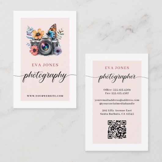 Waterverf camera & bloemen fotografie visitekaartje (Voorkant / Achterkant)